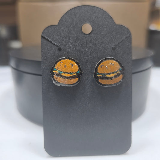 Wooden engraved stud earrings hamburgers