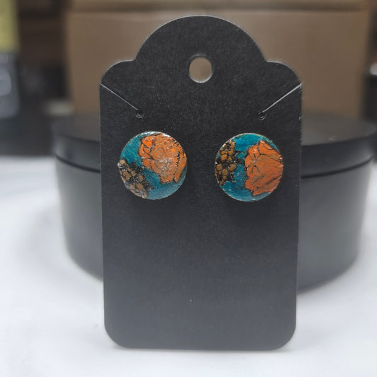 Wooden engraved stud earrings orange and teal flowers